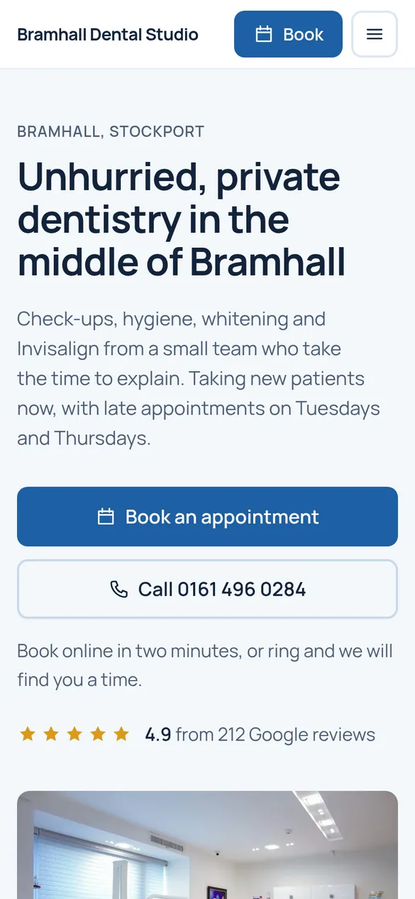 The Bramhall Dental Studio demo website, on a phone