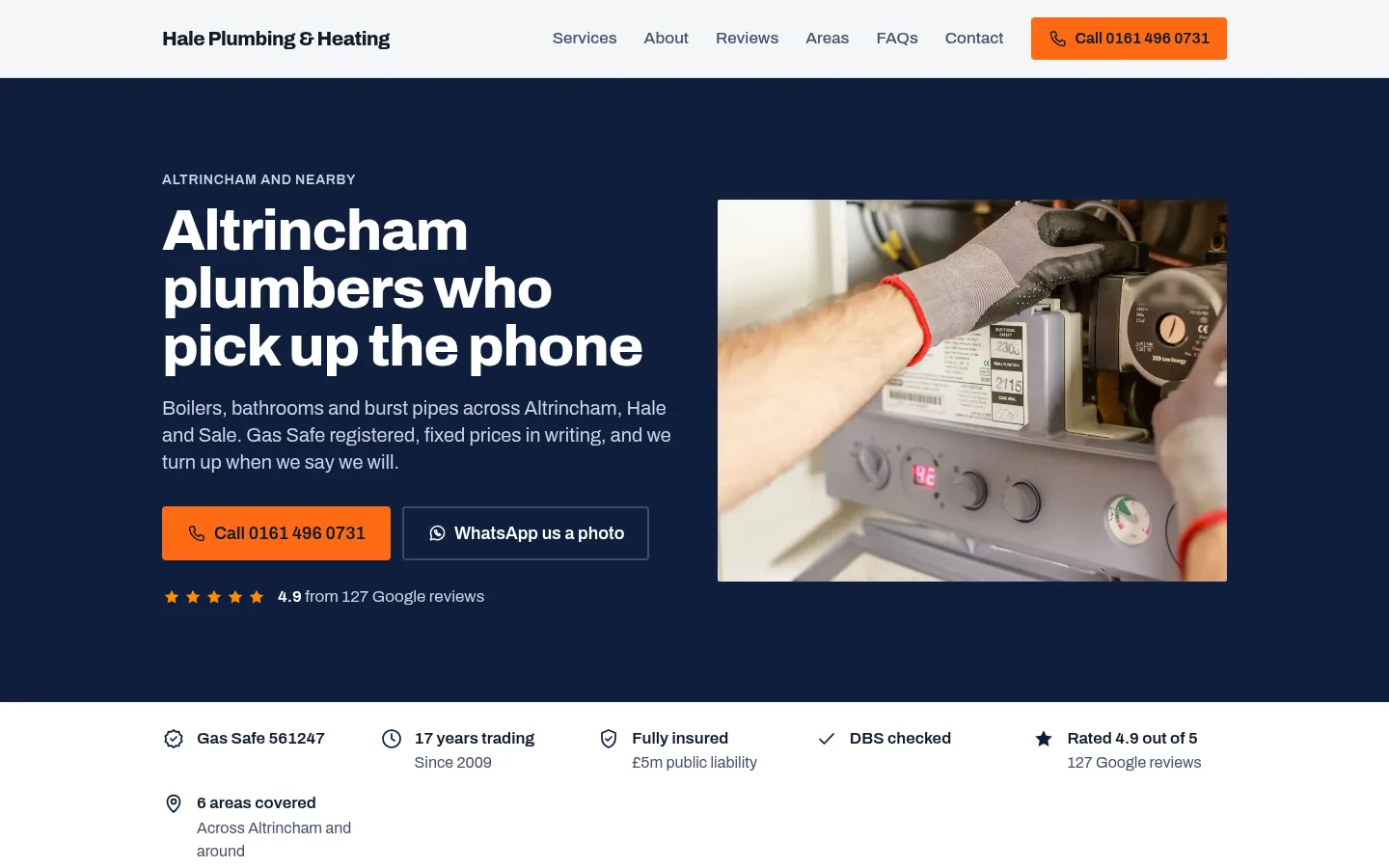 The Hale Plumbing & Heating demo website, on a laptop