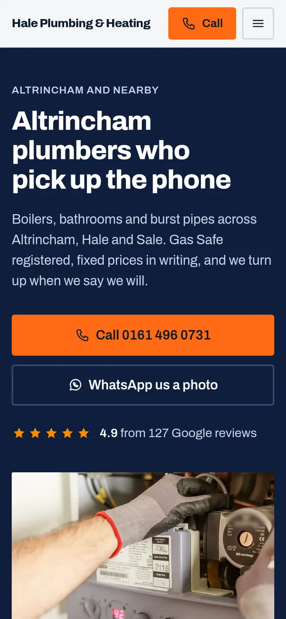 The Hale Plumbing & Heating demo website, on a phone
